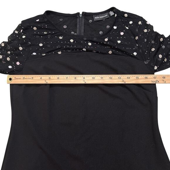 Nina Leonard Sz S Dress Black Crepe Midi Beaded Sheer Short Sleeve Round Neck - Picture 11 of 14